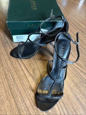 Lauren Ralph Lauren Size 7 7B Aida Black Satin and Rhinestones